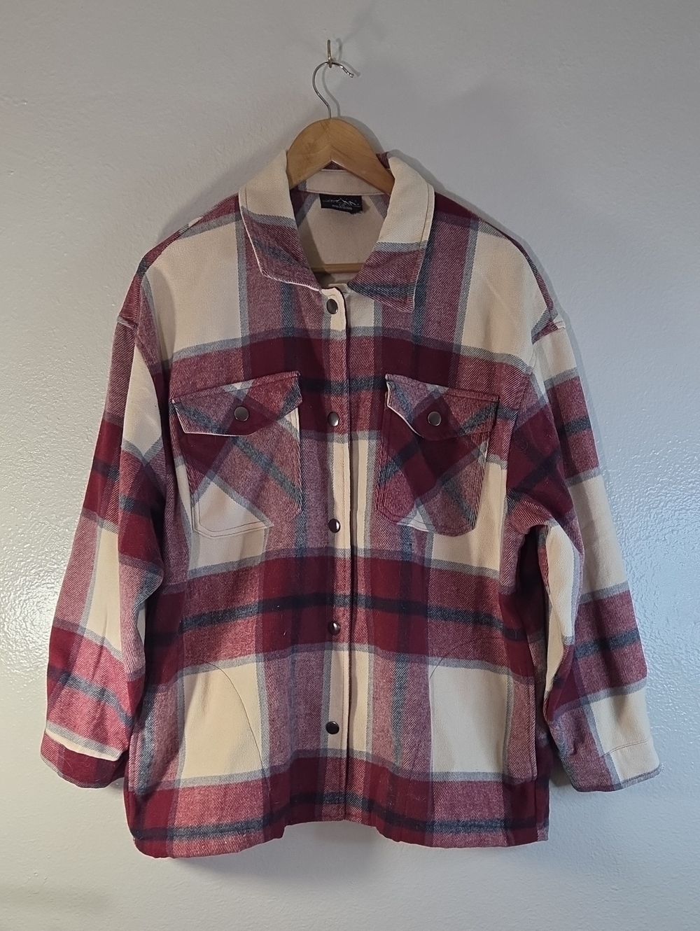 HFX Plaid Shacket Womens L Burgundy Cream Gray Snap Front Oversized Jacket